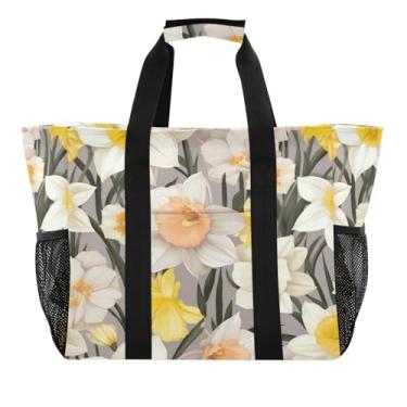 Imagem de Wassud Sacolas de compras reutilizáveis de flores amarelas grande bolsa organizadora de lona impermeável para praia, piquenique, lavanderia, viagem