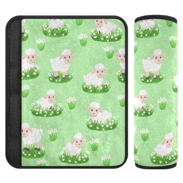 Imagem de Burbuja Capa de cinto de segurança de carro de ovelha de desenho animado na grama protetor de cinto de segurança de carro macio confortável para alça de ombro de assento, 1 par médio