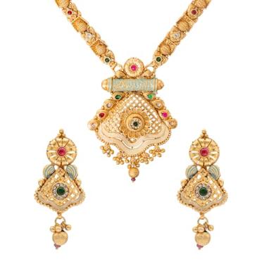 Imagem de Bodha Kundan banhado a ouro feito à mão, zircônia cúbica, colar Haram de ouro cravejado de um grama com brincos combinando, conjunto de joias/joias para noivas longas para mulheres (SJN_277)
