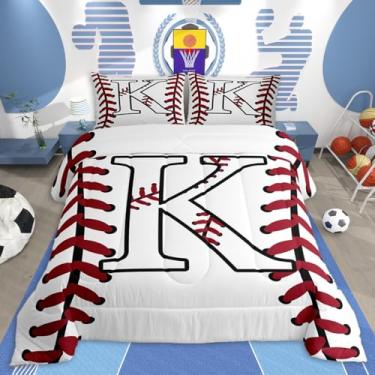 Imagem de jejeloiu Conjunto de edredom de beisebol, solteiro, presentes inspiradores para amantes de beisebol, para crianças, meninos, meninas, com letra K, edredom esportivo, decoração de quarto de microfibra
