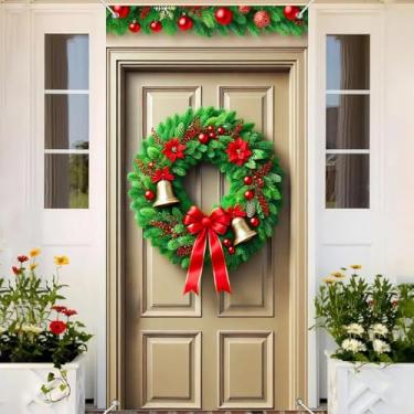 Imagem de BlissYard Capa para porta de Natal, coroa de cabeça de cavalo majestosa, 89 x 188 cm, decoração rústica, crina verde vibrante, fita vermelha festiva, tema da floresta, entrada exclusiva para exibição