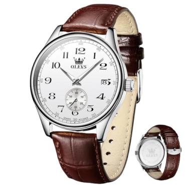Imagem de OLEVS Relógios masculinos com pulseira de couro, vintage, clássico, fácil leitor, algarismos arábicos, quartzo, à prova d'água, data e dia, azul/preto/branco, mostrador grande, relógios de pulso