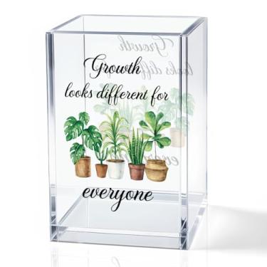 Imagem de QYUVK Growth Looks Different for Everyone Porta-lápis acrílico cosmético, suporte de caneta de planta engraçado para professores, acessórios de mesa para sala de aula, presentes inspiradores para