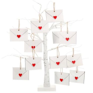 Imagem de AceOrbit 12 peças de enfeites de envelope de madeira para o dia dos namorados, envelope branco, decoração de árvore de coração vermelho, barbante de juta de 3 metros para pendurar, ornamentos de