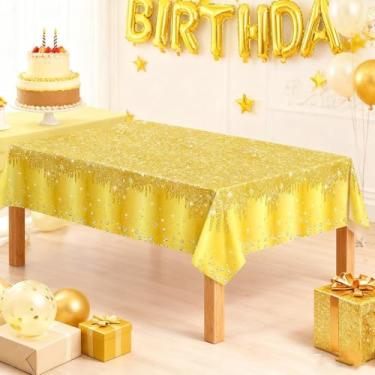 Imagem de 1 toalha de mesa descartável dourada para festa, 137 x 272 cm, toalha de mesa retangular dourada com lantejoulas brilhantes, adequada para festas, casamentos, aniversários, formaturas e decorações de