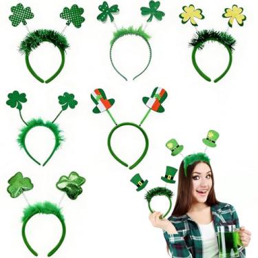 Imagem de Pacote com 8 faixas femininas para o dia de São Patrício, trevo verde da sorte, cabeça de duende, acessórios para o dia de São Patrício, trevo irlandês, chapéu, faixa de cabeça, lembrancinhas