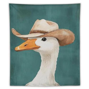 Imagem de Tapeçaria de parede de chapéu de cowboy de ganso decoração de animais de fazenda brincalhão fundo azul-petróleo rústico arte rústica para sala de estar quarto lavanderia bonito detalhe caprichoso para