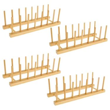 Imagem de UKQRRTC Pacote com 4 escorredor de pratos de bambu, suporte de pratos multifuncionalidade com ventilação, drenagem conveniente, estável e resistente para pratos, copos, tigelas, prato, tábua de cortar