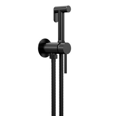 Imagem de GRANDJOY Pulverizador de bidê portátil preto fosco quente e frio para vaso sanitário, controle de pressão de água ajustável, mangueira de aço inoxidável de 119 cm para montagem na parede, torneira de