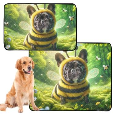 Imagem de Lindo buldogue abelha floral verde lavável para cães almofadas reutilizáveis para gatos e animais de estimação tapete impermeável para gaiola de cachorro, tapete absorvente, médio + grande, conjunto