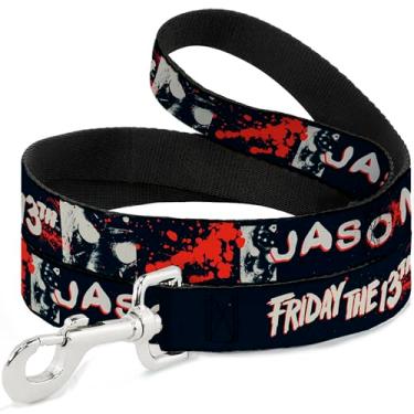 Imagem de Warner Bros. Coleira para animais de estimação, coleira para cães, máscara Jason Sexta-feira 13 e respingos, preto, vermelho, branco, 1,2 m de comprimento, 2,5 cm de largura