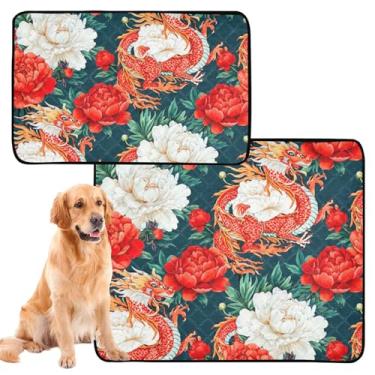 Imagem de Tapete reutilizável de dragão chinês vermelho peônias brancas para animais de estimação, lavável, impermeável, cercadinho absorvente para cães, médio + grande, conjunto de 2