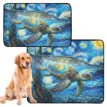 Imagem de Tapete para animais de estimação azul estrelado com tartaruga marinha reutilizável lavável à prova d'água tapete de gaiola de cachorro fofo absorvente cães treinamento penico, pequeno x pacote com 3