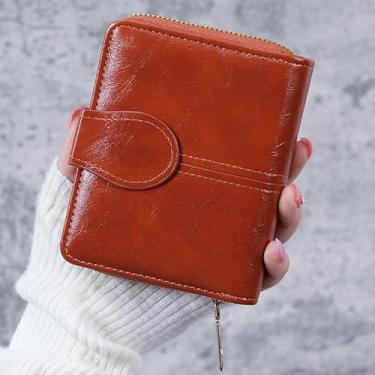 Imagem de Carteira feminina de couro genuíno com dobra dupla/tripla - Suporte minimalista para cartão de crédito com bloqueio de RFID e bolso para moedas, Marrom, Casual