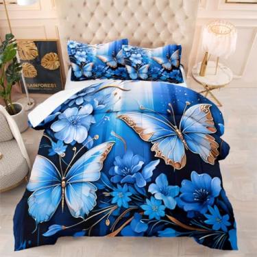 Imagem de YIXINZHUANJIN Conjunto de edredom solteiro com estampa de borboleta, borboletas, 3 peças, 1 edredom e 2 fronhas - 178 x 218 cm