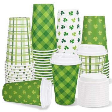 Imagem de Whaline Conjunto de 100 xícaras de café descartáveis do Dia de São Patrício com tampas copo de papel verde e branco trevo xadrez para suprimentos de férias irlandesas