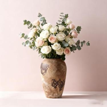 Imagem de Vaso de flores de cerâmica de 28 cm de altura para centros de mesa, vasos decorativos grandes de terracota, vasos rústicos de fazenda para decoração de casa, sala de estar, mesa, neutro, à prova