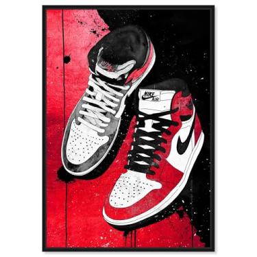 Imagem de Tênis em tela vermelha e preta, arte de parede da Art Remedy, moldura preta, 50 x 76 cm
