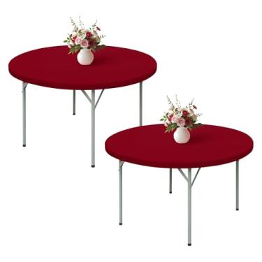 Imagem de Wolkemer Pacote com 2 toalhas de mesa bordô de 1,5 m bordô 152 cm, toalha de mesa redonda com bordas elásticas, capa de mesa elástica de elastano com tecido lavável na máquina para festa de casamento