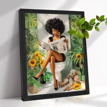 Imagem de TavoIinda Arte de parede feminina afro-americana lendo no vaso sanitário, estilo vintage, girassol, preta, tela emoldurada de madeira, decoração de parede para banheiro, quarto, presente cultural