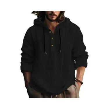 Imagem de Camisa Casual De Manga Longa Com Capuz Em Algodão E Linho Para Homens,