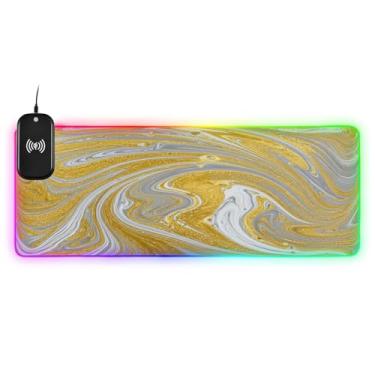 Imagem de CEBUGI Mouse pad de carregamento sem fio com padrão de mármore dourado 15 W com iluminação LED RGB 14 para jogos, PC, laptop, mesa 80 x 30 cm