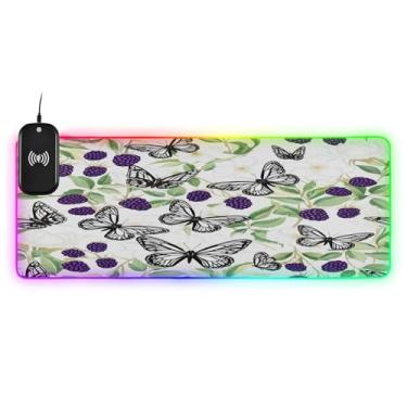 Imagem de CEBUGI Mouse pad de carregamento sem fio borboletas pretas brancas 15W mouse pad rápido para jogos com 14 iluminação LED RGB para jogos, PC, laptop, mesa 90,9 x 39,9 cm