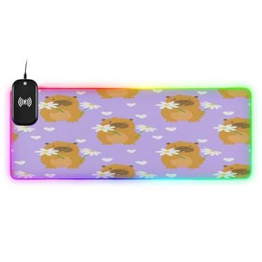 Imagem de CEBUGI Mouse pad de carregamento sem fio de capivaras de desenho animado 15 W rápido para jogos com iluminação LED 14 RGB para jogos, PC, laptop, mesa 90,9 x 39,9 cm