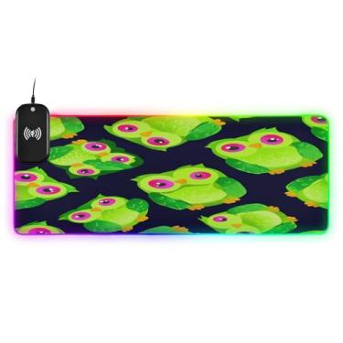 Imagem de CEBUGI Mouse pad de carregamento sem fio com corujas de desenho animado 15 W rápido para jogos com iluminação LED RGB 14 para jogos, PC, laptop, mesa 80 x 30 cm