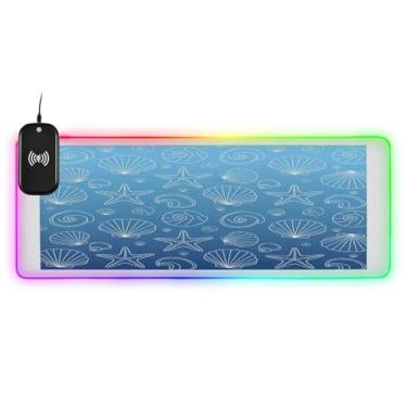 Imagem de CEBUGI Tapete de mouse Seashell Starfish com carregamento sem fio de 15 W rápido para jogos com iluminação LED RGB 14 para jogos, PC, laptop, mesa 90,9 x 39,9 cm