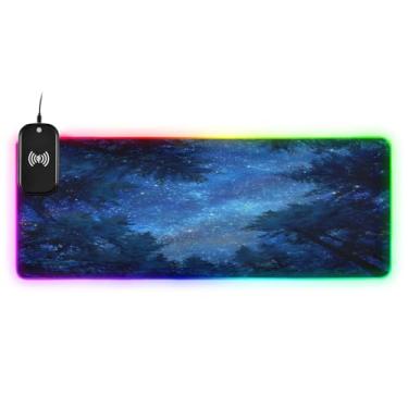 Imagem de CEBUGI Mouse pad de carregamento sem fio céu estrelado azul 15W mouse pad rápido para jogos com 14 iluminação LED RGB para jogos, PC, laptop, mesa 90,9 x 39,9 cm