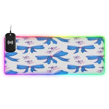 Imagem de CEBUGI Mouse pad de carregamento sem fio Blue Bows 15W mouse pad rápido para jogos com 14 iluminação LED RGB para jogos, PC, laptop, mesa 90,9 x 39,9 cm