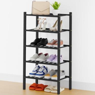 Imagem de Smiry Sapateira, organizador de sapatos de bambu pequeno de 5 camadas de espessura, prateleira empilhável de madeira para armário, entrada, entrada da porta da frente, preto