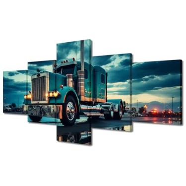 Imagem de Arte de parede em tela de caminhão na estrada com reflexão na água ao pôr do sol para sala de estar trailer pintura de parede para quarto carro pôsteres para decoração de parede decoração de casa 127