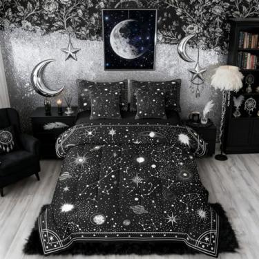 Imagem de Erosebridal Conjunto de edredom solteiro constelação com lençol | Galáxia cósmica, 7 peças, universo, planeta, cama, céu estrelado, estrelas, zodíaco, decoração gótica preta