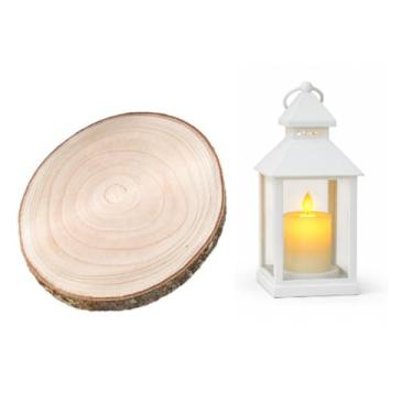 Imagem de ZeahVeyora 6 conjuntos de lanternas de vento de plástico centros de mesa lanterna solar suspensa com fatias de madeira velas de LED, decoração de mesa de casamento rústica para chuveiro, Natal, festa