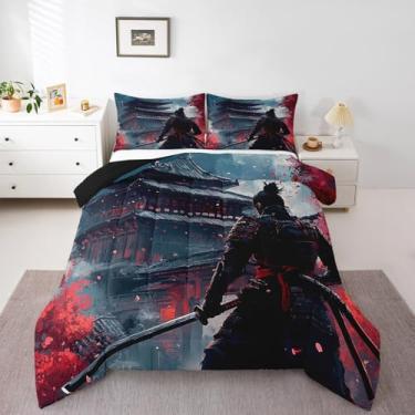 Imagem de Feelyou Conjunto de edredom de samurai japonês, tamanho casal, flores de cerejeira, casa japonesa, vintage, estilo japonês, conjunto de colcha