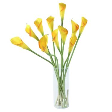 Imagem de DuHouse 12 peças de flores artificiais de lírio de calla, haste longa de 66 cm, lírios de calla de toque real para festa, casamento, buquê de noiva, decoração de casa (borda amarelo-laranja)