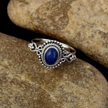 Imagem de 1 anel boêmio vintage, padrão de pedra azul sintética, anéis de bronze prata antiga, 9, Metal, Sem pedra preciosa