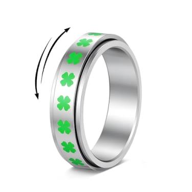 Imagem de OIDIMS Anel giratório de trevo de quatro folhas para mulheres e homens, de aço inoxidável, empilhável, giratório, aliança de casamento com flor da sorte, moda, alívio do estresse, joia irlandesa do