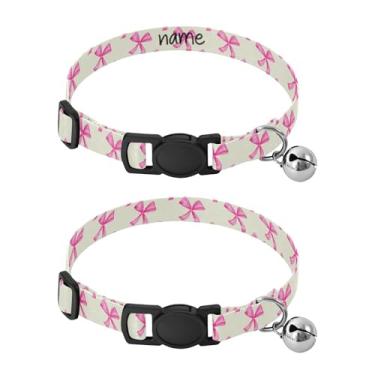 Imagem de SEHANY Conjunto de 2 coleiras de cachorro com laço rosa fofo, fivela de plástico resistente, leve, macia e leve, com sino pequeno, coleiras personalizadas com nome de animal de estimação para meninos