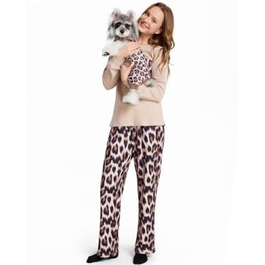 Imagem de XPUDAC Conjunto de pijamas combinando de cachorro e dono, pijamas de Natal para mulheres, manga comprida, roupa de dormir, roupa de dormir macia, conjunto de pijama de férias macio, M leopardo