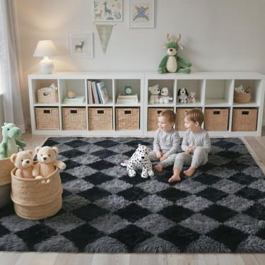 Imagem de GENIMO Tapete quadriculado, 12 x 18 cm, para quarto de crianças, macio, felpudo, tapete felpudo para sala de estar, berçário, sala de jogos, dormitório, decoração de casa moderna, estética, preto e