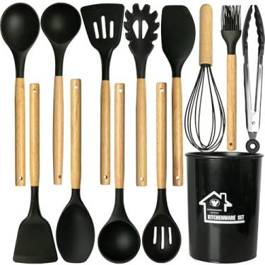 Imagem de Conjunto de utensílios de cozinha para cozinhar: Conjunto de espátula de cozinha de silicone com cabo de madeira de 12 peças - Utensílios de cozinha resistentes ao calor para panelas antiaderentes