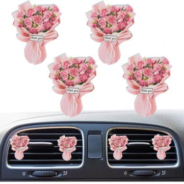Imagem de 4 peças mini buquê de flores secas artificiais aromatizador de ar de carro, clipe de ventilação de carro decoração de interiores de carro, acessórios de ventilação para meninas e mulheres (cravo)