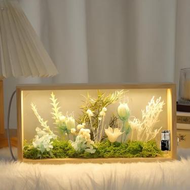 Imagem de Pursuestar Caixa de sombra 3D 25,4 cm x 12,5 cm moldura de madeira de flores secas com luz noturna LED caixa de música para exibição de mesa de festa de Natal em casa - Edelweiss