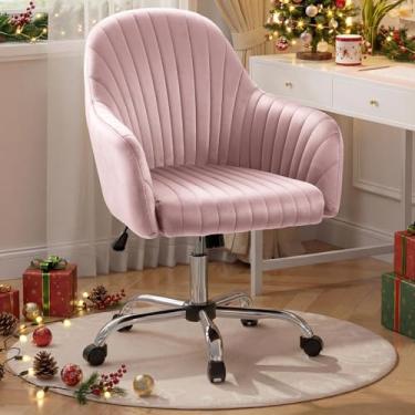 Imagem de Warmiehomy Cadeira de mesa, cadeira de escritório de veludo para escritório em casa, cadeira de vaidade confortável, cadeira de maquiagem fofa para meninas com descanso de braço para quarto de