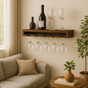 Imagem de Adega Nicho Prateleira de Madeira Suporte para 5 Taças Decoração Doméstica Funcional para Bar Sala Cozinha (Nogueira)