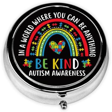 Imagem de Caixa de comprimidos, 3 compartimentos, pequena para conscientização do autismo, caixa de medicamentos de metal portátil para viagem com mini recipiente espelhado para bolso feminino e masculino (seja