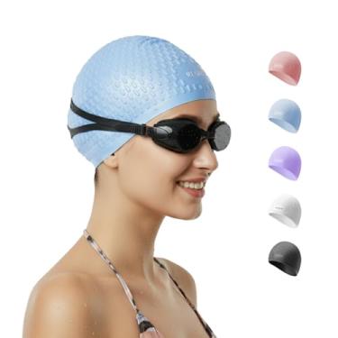 Imagem de KUKASEN Touca de natação de silicone para mulheres com cabelo comprido – Design antiderrapante 3D, touca de banho durável e resistente a rasgos à prova d'água para adultos (azul)